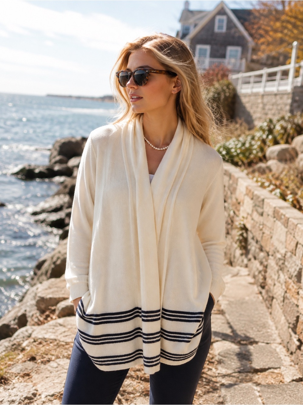 JOIE Nautical Quiet Luxury Cream and Navy Waterfall Cardigan Sweater, XS